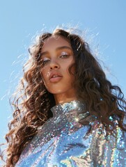 Aufkleber - Sparkling Sequin Fashion Indigenous Woman with Long, Flowing Hair Under Natural Sunlight
