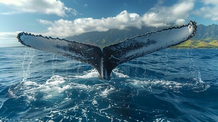 A humpback whale's tail emerges from the water, creating a splash, with mountains in the background.