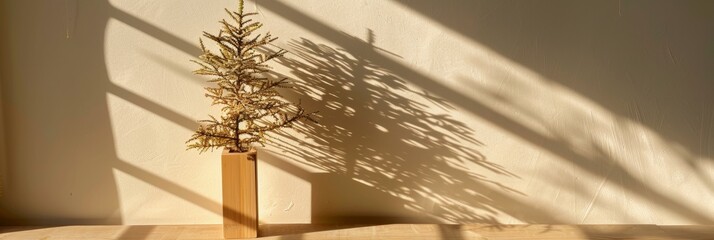 Poster - Minimalistic Bamboo Christmas Tree with Long Shadow on Wooden Surface in Warm Light