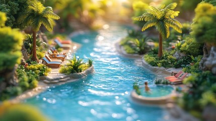 Wall Mural - A vibrant miniature tropical resort poolside scene with palm trees, a flowing river, and lounge chairs under a warm sun.