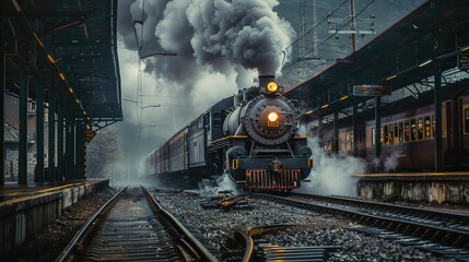 A steam locomotive train pulls out of a station, billowing smoke as it departs.