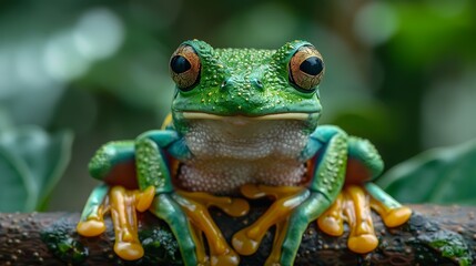 A close-up of a green tree frog with bright orange feet and large, expressive eyes.  It is perched on a branch in a rainforest environment.