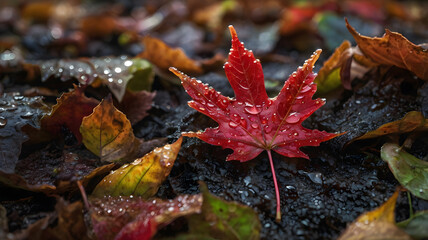 vibrant red maple leaf surrounded by various autumn leaves on a wet, rainy forest floor in the morni