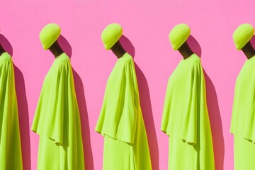 Poster - Neon Green Dresses on Pink Background Vibrant, Repetitive Pattern with Soft Shadows and Clean Composition