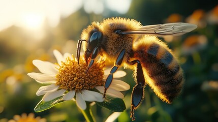 Wall Mural - Bee on Daisy at Golden Hour