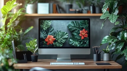 Sticker - Desktop Computer with Tropical Plants on Screen