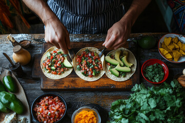 A chef meticulously prepares fresh tacos with vibrant toppings in a warm, rustic kitchen just before dinner time