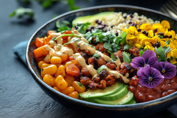 A vibrant and creative burrito bowl filled with fresh ingredients, perfect for a sunny day lunch or dinner with friends