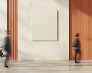 Poster - Vintage Indoor Mockup with Motion Blur Gender-Neutral, Mid-20s, Diverse Ethnicity, Serene Warm-Light Ambiance, Blank Frame on Cream Wall