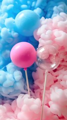 Two balloons, one pink and one clear, float in front of a colorful smoke background