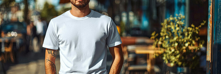 A man wearing a plain white t-shirt stands on a city street.  He has a tattoo on his arm.