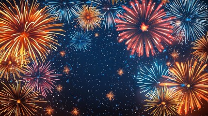 Wall Mural - An awe-inspiring display of diverse fireworks brightly lighting up the night sky, creating an incredible mosaic of colors and patterns, showcasing a magnificent celebration.