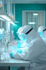 Poster - Male and Female Scientists in Hazmat Suits Using AI to Model Viral Mutations in a Laboratory, Late Afternoon, Focused and Intense Atmosphere