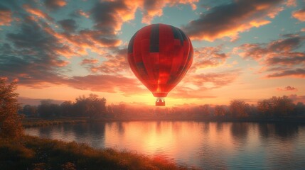 Wall Mural - Hot Air Balloon Soaring at Sunset Over a River