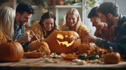 Pumpkin Carving Contest with Friends Laughing and Creating Unique Designs Under Dim Lights