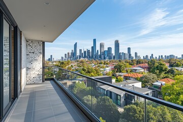 view of the city from an apartment roof in Arden, Melbourne with clear blue sky and skyline in background