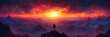 © Helois - A lone figure stands on a mountain peak, silhouetted against a breathtaking sunset over a vast, misty landscape.