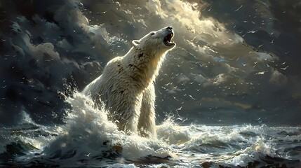 Wall Mural - a majestic polar bear stands in the waves, roaring with a dramatic sky behind it.