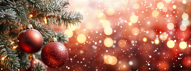 Holiday season decorations featuring sparkling lights and vibrant red ornaments on a christmas tree