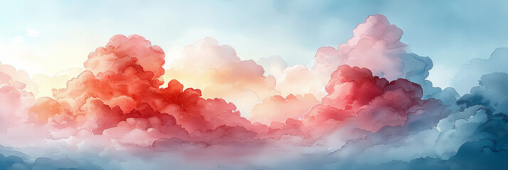 Watercolor painting of a dreamy sunset sky with fluffy pink and red clouds.