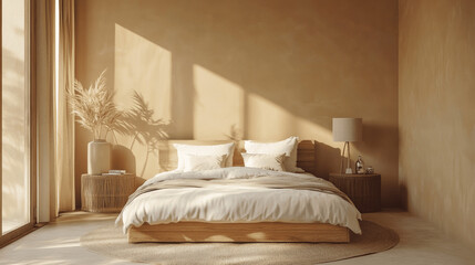 Cozy Beige Bedroom Interior with Wooden Bed and Brown Tones, Empty Walls for Mock Up