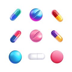 Set of colorful medical pills or capsules of various kinds isolated on transparent background. Tablet, vitamin and food supplement. Medical and healthcare concept. Collection of tablets for design