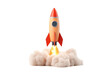 © นุชรี อังคะคำมูล - A colorful rocket launching into space, surrounded by clouds of smoke, symbolizing adventure and exploration.
