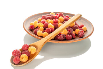 Wall Mural - Fresh raspberry on clay plate with wooden spoon, macro, isolated on white background.