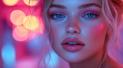 Canvas Print - Close-up Portrait of a Young Woman with Blurry Lights in the Background