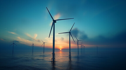 Offshore wind turbines at sunset, renewable energy, sustainable power generation, wind farm, clean energy, ocean windmills, eco-friendly technology, green energy, environment, natural resources

