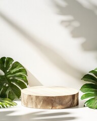 Poster - Bright and Natural Minimalist Wooden Podium with Green Leaves Against Clean White Background in Daylight