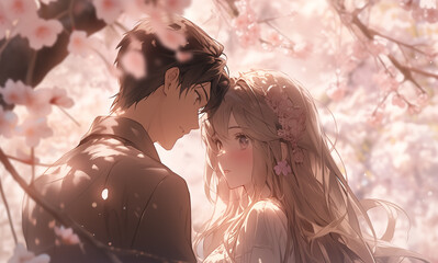 anime couple standing together on a simple, holding hands under a cherry blossom tree