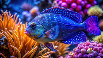 Vibrant blue sapphire devil fish with iridescent scales and flowing fins swims majestically amidst coral reef's colorful sea anemones and soft, wavy seaweed.