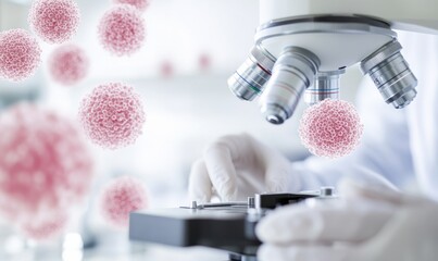 Poster - Female Scientist in Laboratory Analyzing Viral Cells Under Microscope at Noon - Close-Up View of Hands, Blood Samples, and Equipment in Clinical Setting