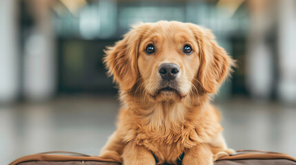 Poster - Dog Sits Carrier Bag Airport .