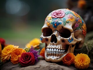 Halloween skull adorned with vibrant colorful flowers