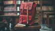 © Svetlana - red backpack pastel-colored on books. Minimalistic style on background. education and fashion
