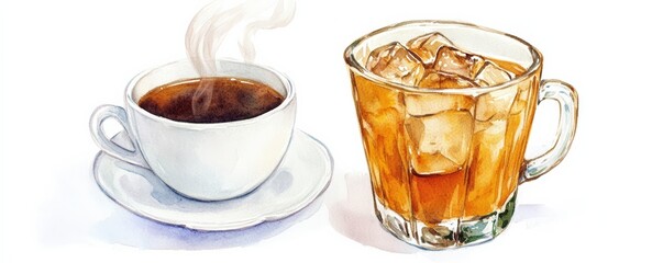 Watercolor illustration of a single steaming coffee cup next to a glass of iced tea, clipart, isolate on white background, copy space