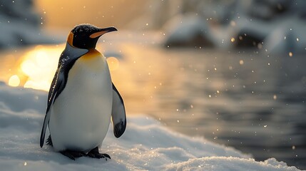 Wall Mural - A single king penguin stands on snowy ground, looking towards a sunset with a soft glow.