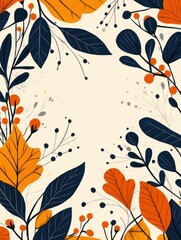 A seamless pattern with abstract botanical elements, vibrant autumn leaves in shades of orange and navy blue, swirling branches, berries and geometric shapes, vintage floral folk art design with a mod