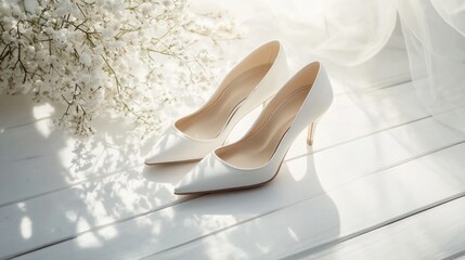 White Bridal Shoes on White Wooden Background