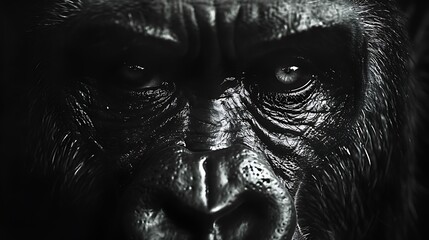 Wall Mural - Close-up black and white portrait of a gorilla's face, showing intense eyes and wrinkles.