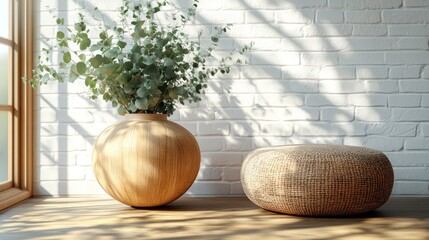 Sticker - Wooden Vase and  Jute Ottoman on White Brick Wall