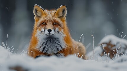 Wall Mural - A red fox sits in the snow, looking directly at the camera, with a snowy background.