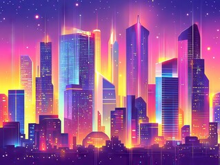 A vibrant, neon-lit cityscape with skyscrapers reaching towards a starry sky. The buildings are illuminated in a spectrum of colors, creating a futuristic and dynamic scene.