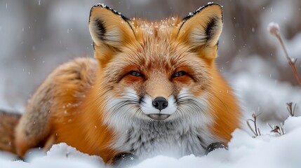 Wall Mural - a red fox sits in the snow, looking directly at the camera.