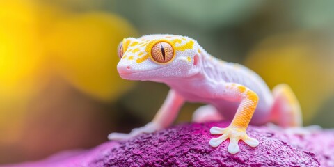 A bright gecko with beautiful scales displayed in a vivid surroundings, perched on a purple surface.