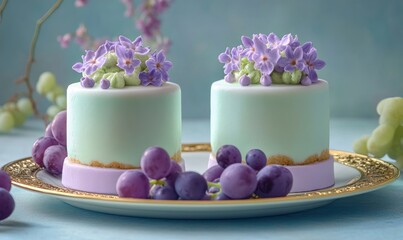 Two small cakes with purple flowers on top and purple grapes around them. The cakes are on a white plate