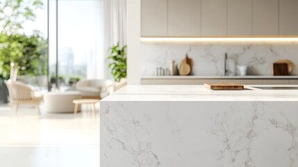 This modern kitchen features a chic marble bench, illuminated by sunlight through the windows, with a blurred background enhancing its elegancea perfect space for culinary creativity