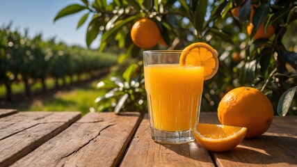 Glass of orange juice on a wooden table in an orange grove